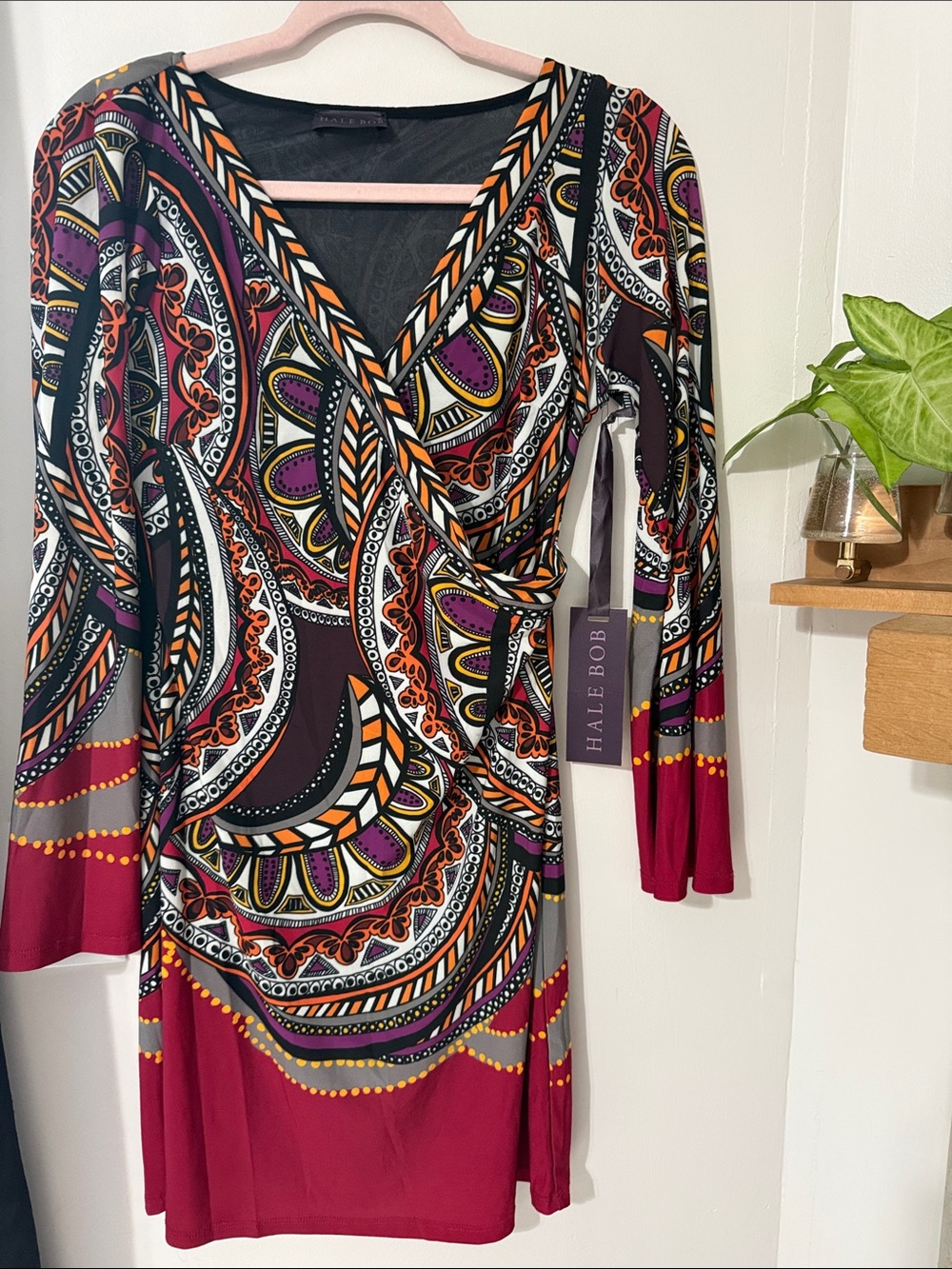 Hale Bob Maroon & Multicolor Paisley Wrap-Style Long Sleeve Dress